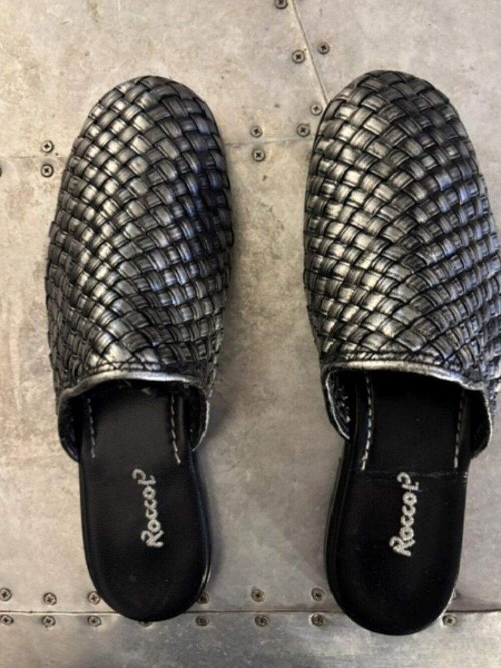 ROCCO P PEWTER WOVEN MULES. SIZE 7.